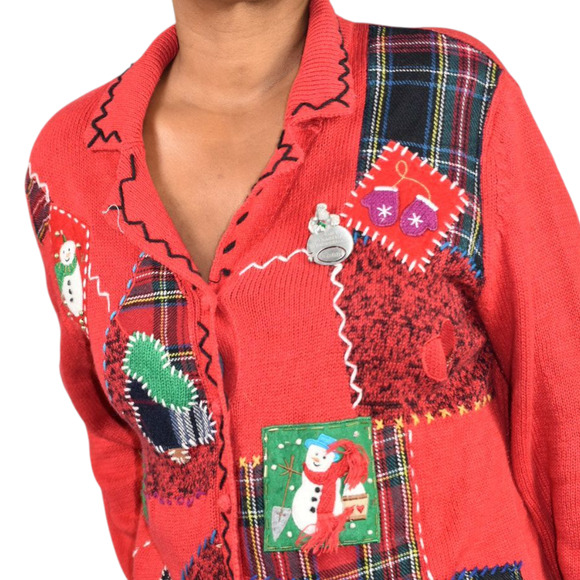 Designer Originals Ugly Christmas Cardigan Sweater Patchwork Plaid Snowman Large - Picture 11 of 16
